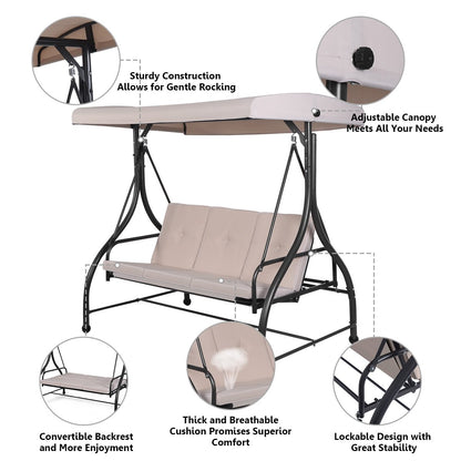 3 Seats Converting Outdoor Swing Canopy Hammock with Adjustable Tilt Canopy, Beige - Gallery Canada