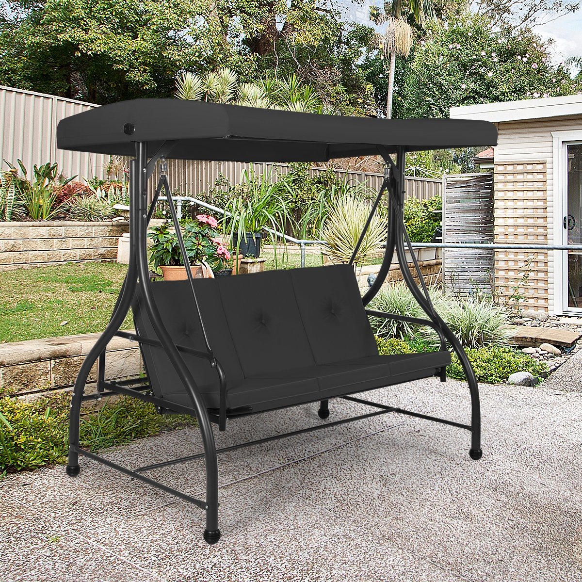 3 Seats Converting Outdoor Swing Canopy Hammock with Adjustable Tilt Canopy, Black Porch Swings   at Gallery Canada