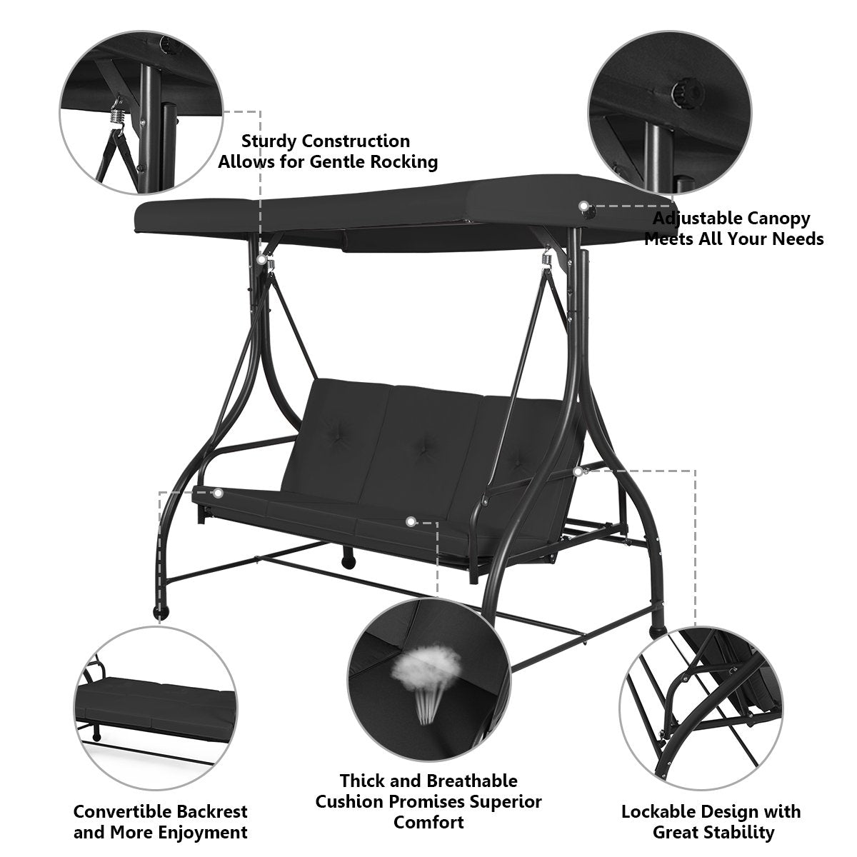 3 Seats Converting Outdoor Swing Canopy Hammock with Adjustable Tilt Canopy, Black Porch Swings   at Gallery Canada