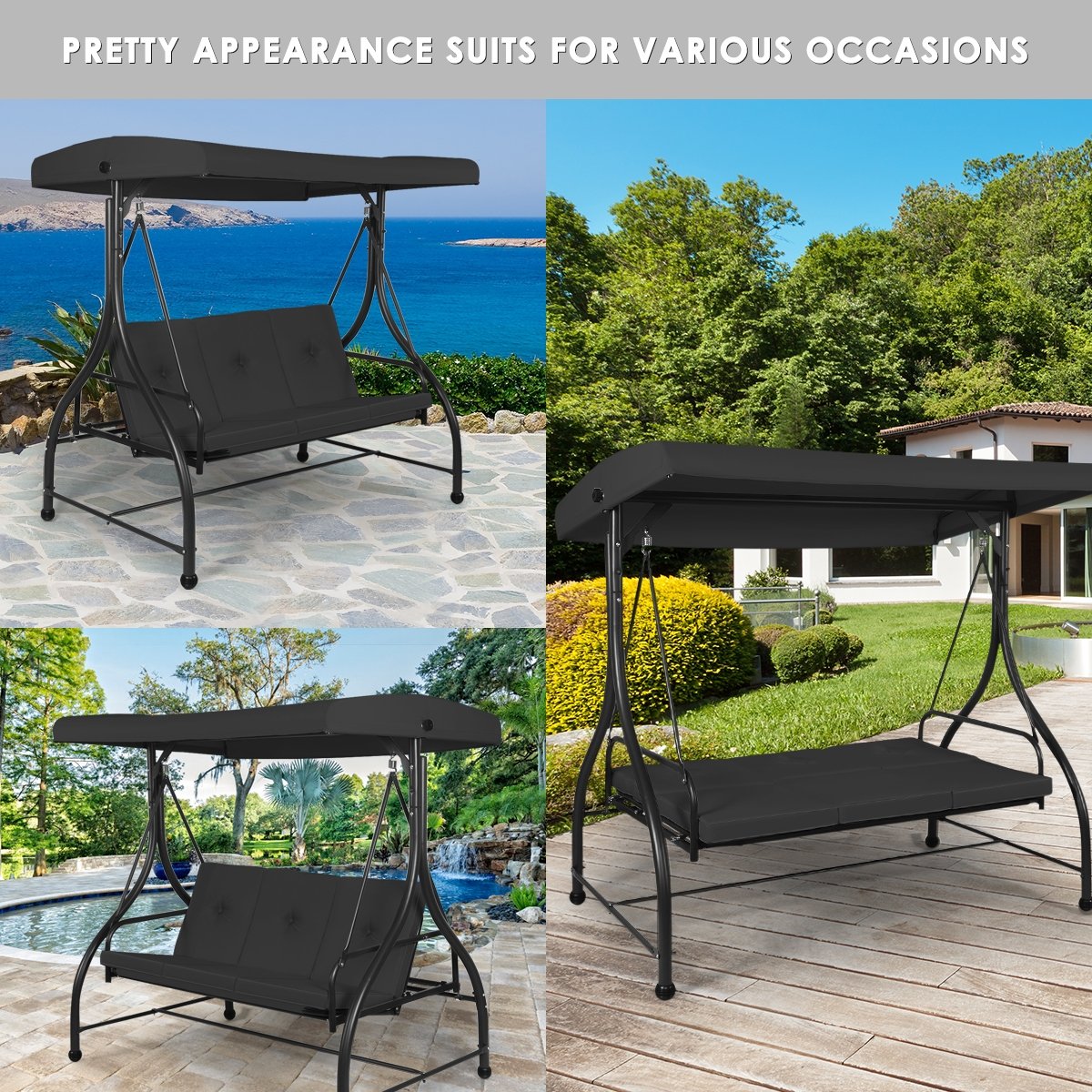 3 Seats Converting Outdoor Swing Canopy Hammock with Adjustable Tilt Canopy, Black Porch Swings   at Gallery Canada