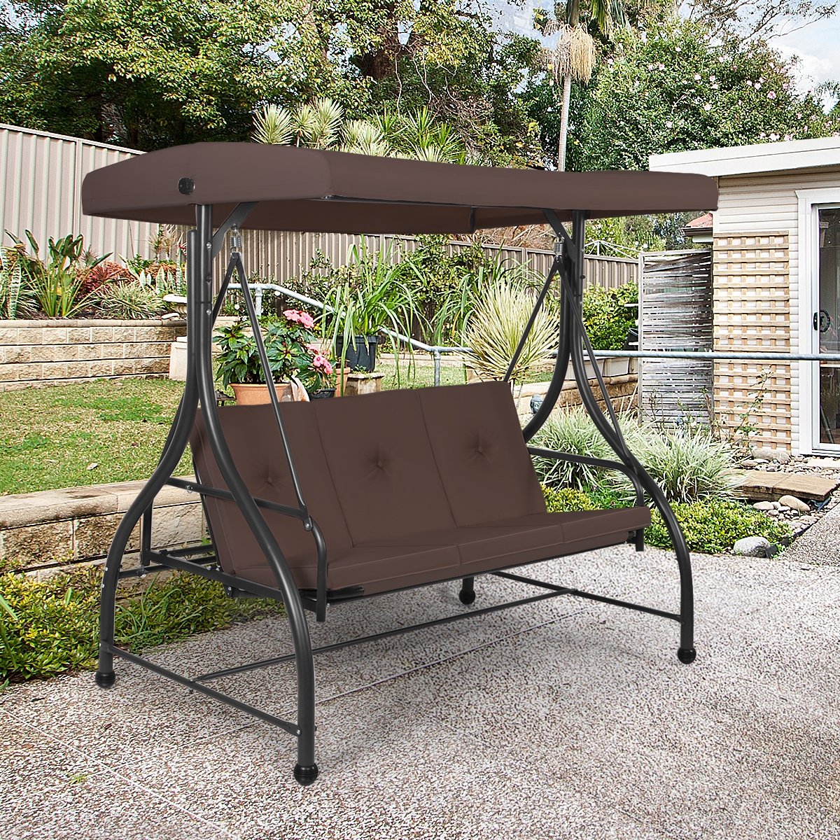 3 Seats Converting Outdoor Swing Canopy Hammock with Adjustable Tilt Canopy, Brown Porch Swings   at Gallery Canada