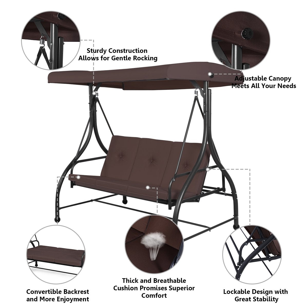 3 Seats Converting Outdoor Swing Canopy Hammock with Adjustable Tilt Canopy, Brown Porch Swings   at Gallery Canada