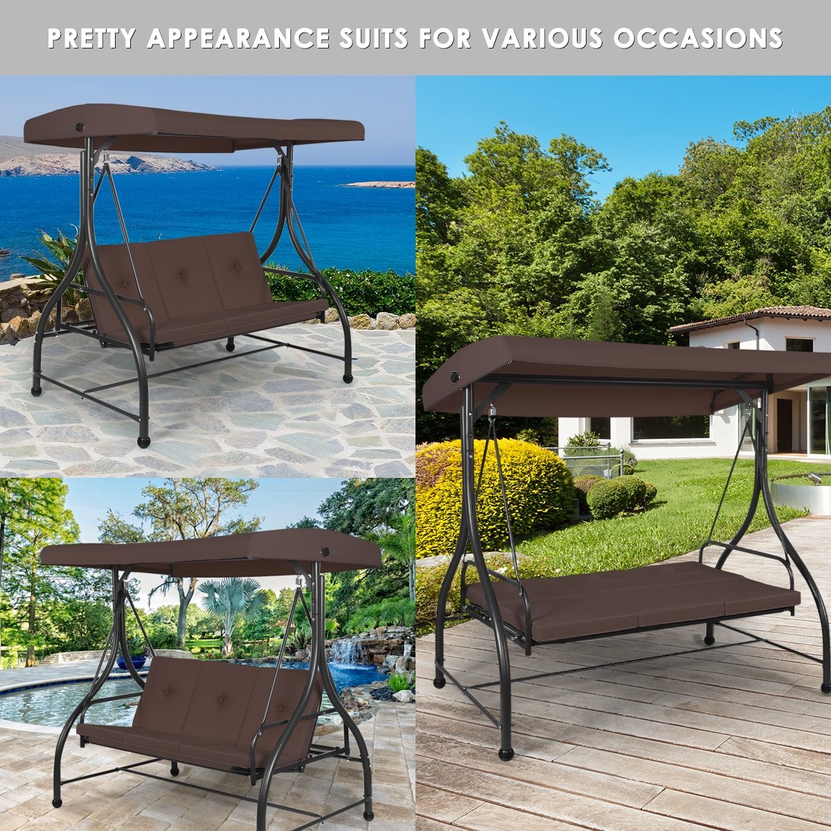 3 Seats Converting Outdoor Swing Canopy Hammock with Adjustable Tilt Canopy, Brown Porch Swings   at Gallery Canada