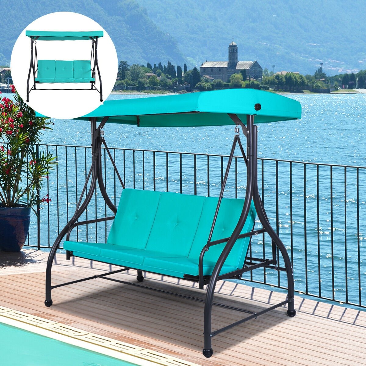 3 Seats Converting Outdoor Swing Canopy Hammock with Adjustable Tilt Canopy, Turquoise Porch Swings   at Gallery Canada