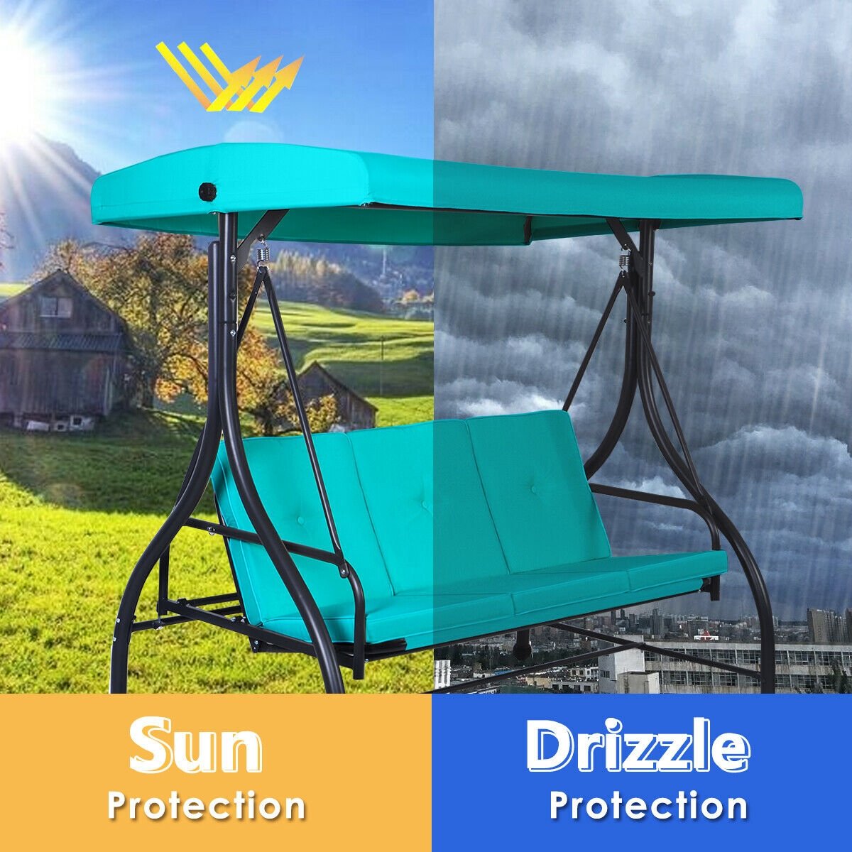 3 Seats Converting Outdoor Swing Canopy Hammock with Adjustable Tilt Canopy, Turquoise - Gallery Canada