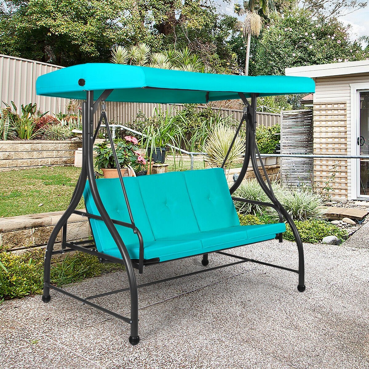 3 Seats Converting Outdoor Swing Canopy Hammock with Adjustable Tilt Canopy, Turquoise Porch Swings   at Gallery Canada