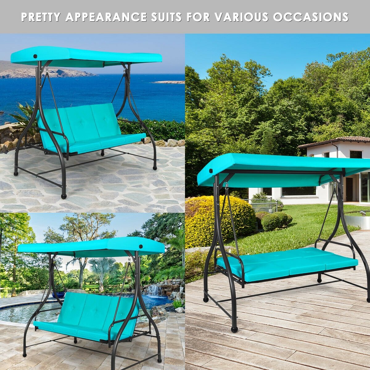 3 Seats Converting Outdoor Swing Canopy Hammock with Adjustable Tilt Canopy, Turquoise Porch Swings   at Gallery Canada