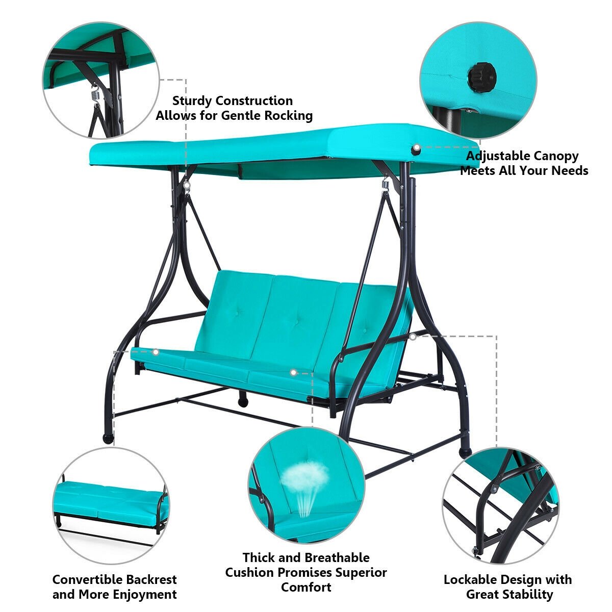 3 Seats Converting Outdoor Swing Canopy Hammock with Adjustable Tilt Canopy, Turquoise Porch Swings   at Gallery Canada