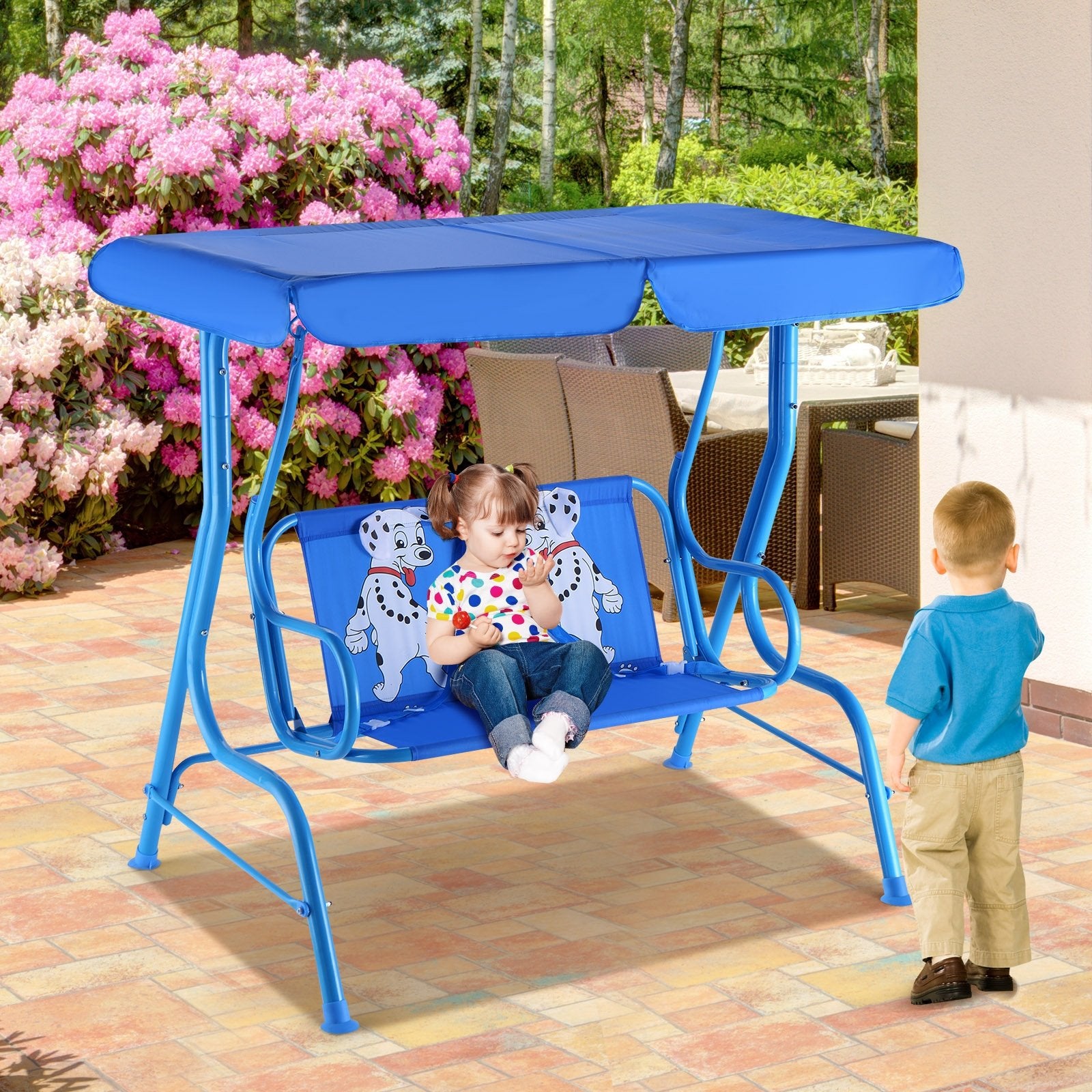 Outdoor Kids Patio Swing Bench with Canopy 2 Seats, Blue Porch Swings   at Gallery Canada