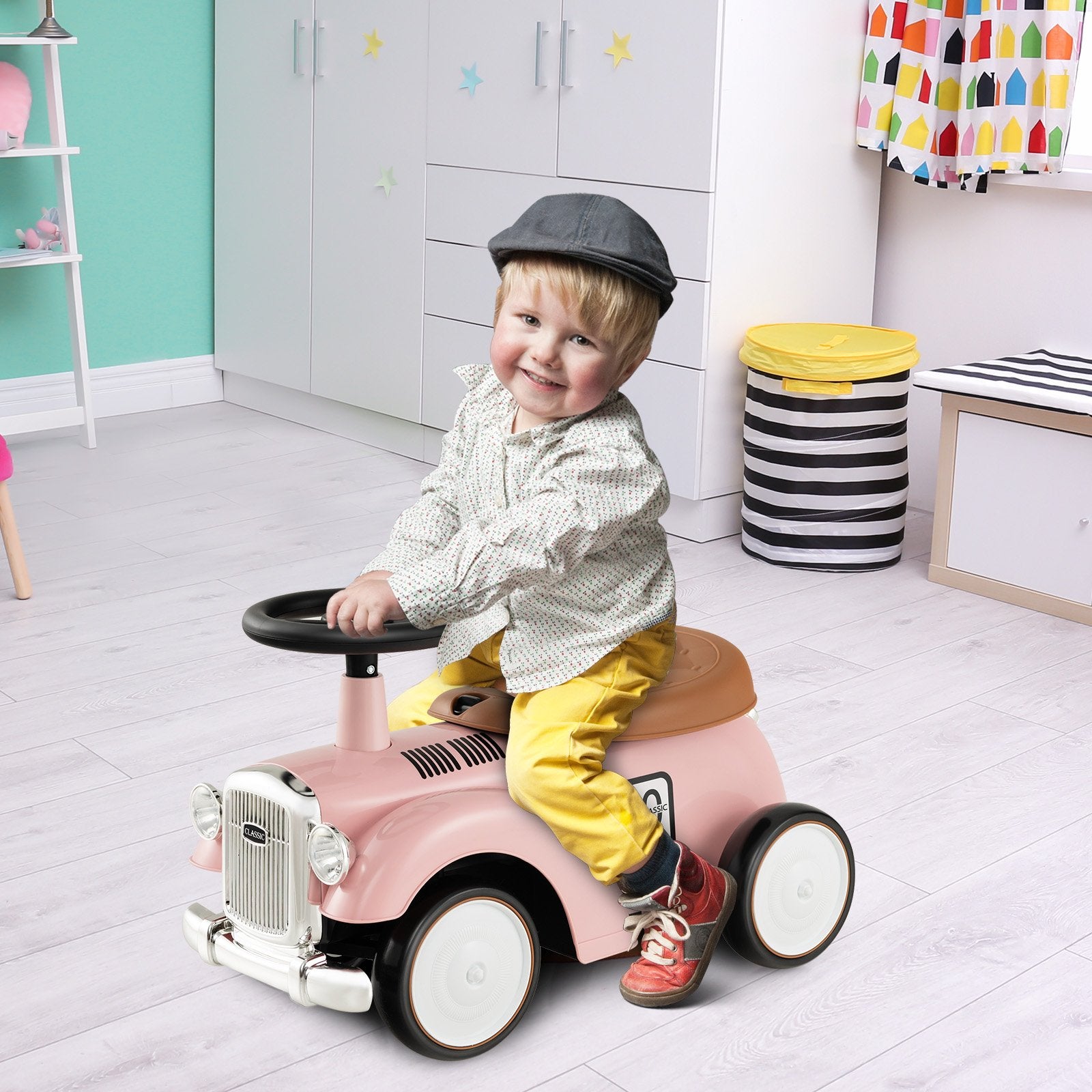 Kids Sit to Stand Vehicle with Working Steering Wheel and Under Seat Storage, Pink Push & Pedal Ride On Toys   at Gallery Canada