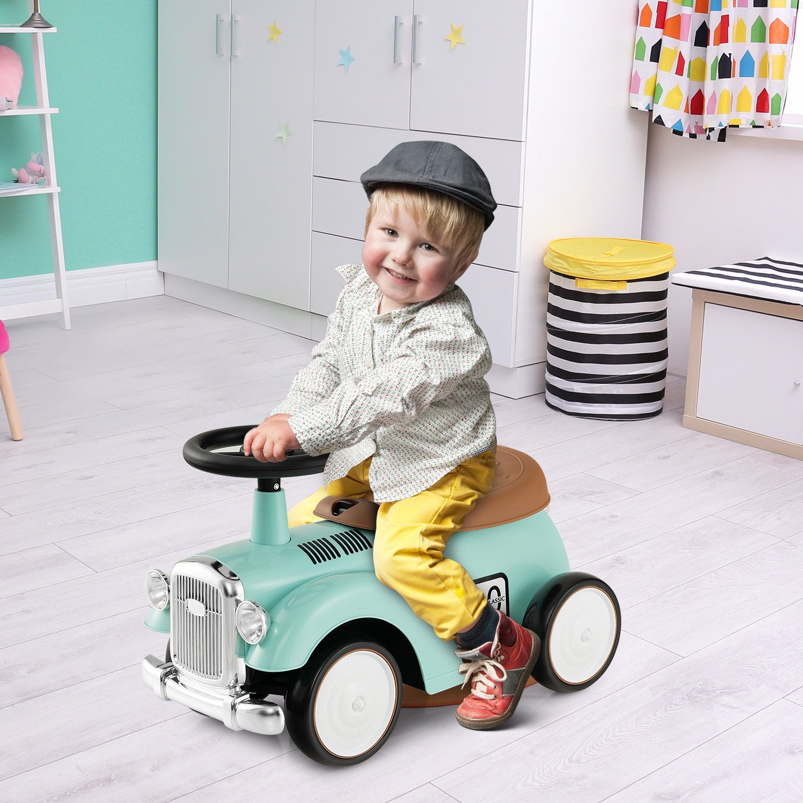 Kids Sit to Stand Vehicle with Working Steering Wheel and Under Seat Storage, Green Push & Pedal Ride On Toys   at Gallery Canada