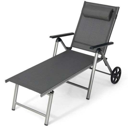 Adjustable Patio Folding Chaise Lounge Chair with Wheels, Black Outdoor Chaise Lounges   at Gallery Canada