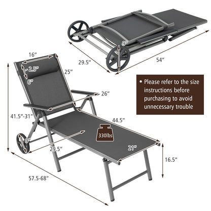 Adjustable Patio Folding Chaise Lounge Chair with Wheels, Black Outdoor Chaise Lounges   at Gallery Canada