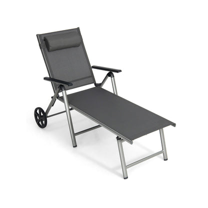 Adjustable Patio Folding Chaise Lounge Chair with Wheels, Black Outdoor Chaise Lounges   at Gallery Canada