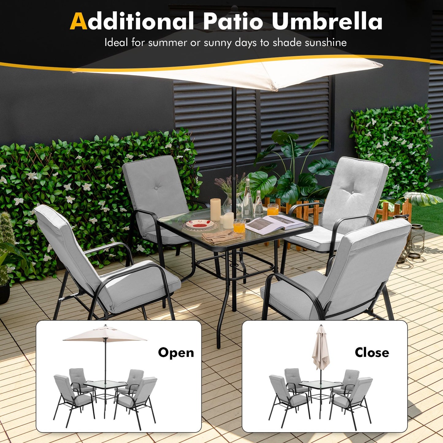 6 Pieces Patio Dining Set with Umbrella and Stackable Cushioned Chairs, Gray - Gallery Canada