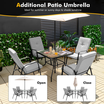 6 Pieces Patio Dining Set with Umbrella and Stackable Cushioned Chairs, Gray Patio Dining Sets   at Gallery Canada