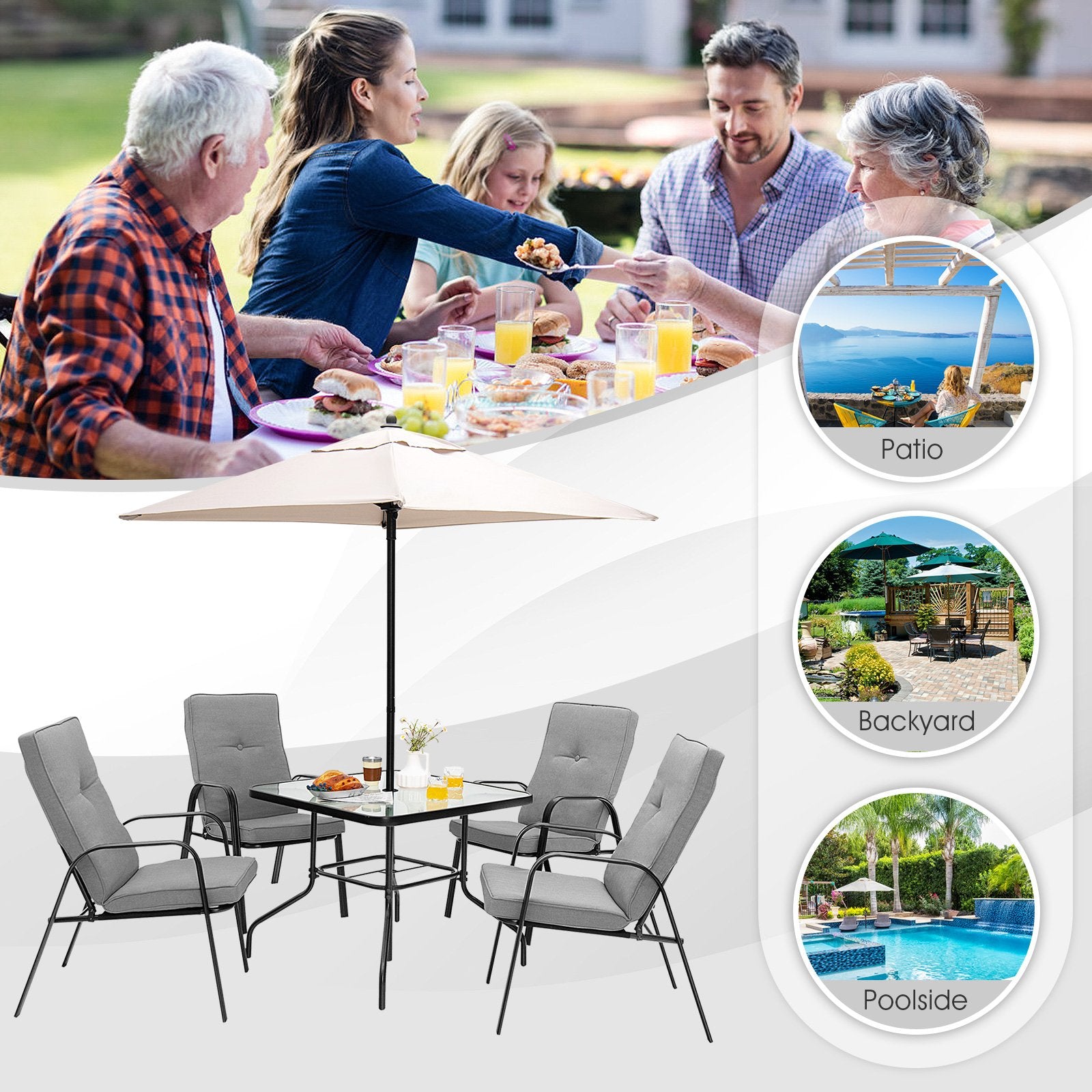 6 Pieces Patio Dining Set with Umbrella and Stackable Cushioned Chairs, Gray - Gallery Canada