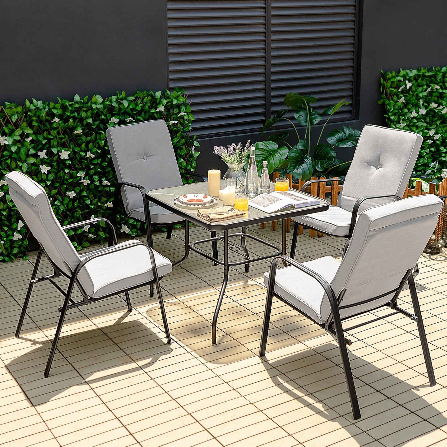 6 Pieces Patio Dining Set with Umbrella and Stackable Cushioned Chairs, Gray - Gallery Canada