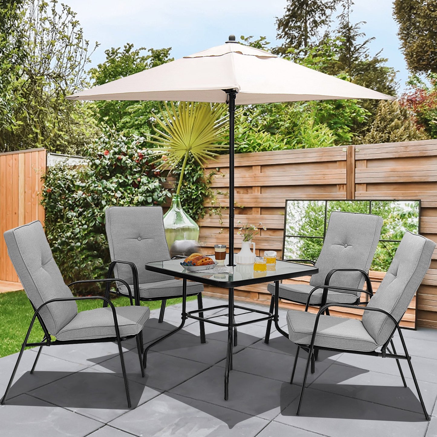 6 Pieces Patio Dining Set with Umbrella and Stackable Cushioned Chairs, Gray - Gallery Canada