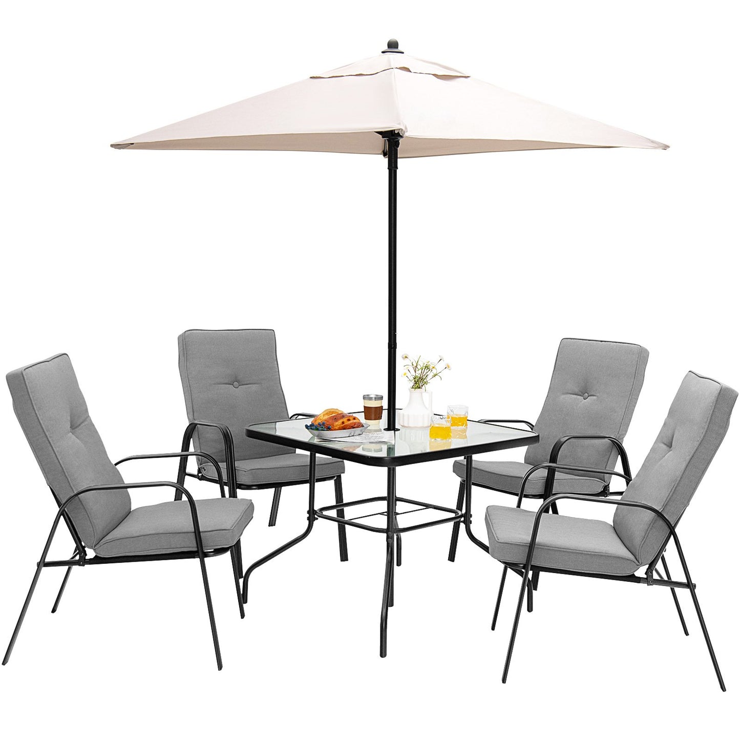 6 Pieces Patio Dining Set with Umbrella and Stackable Cushioned Chairs, Gray - Gallery Canada