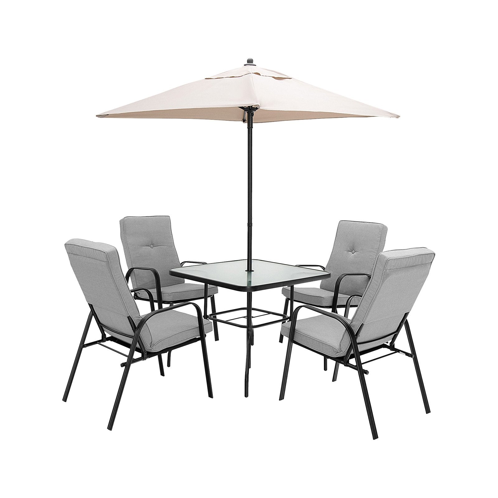 6 Pieces Patio Dining Set with Umbrella and Stackable Cushioned Chairs, Gray - Gallery Canada