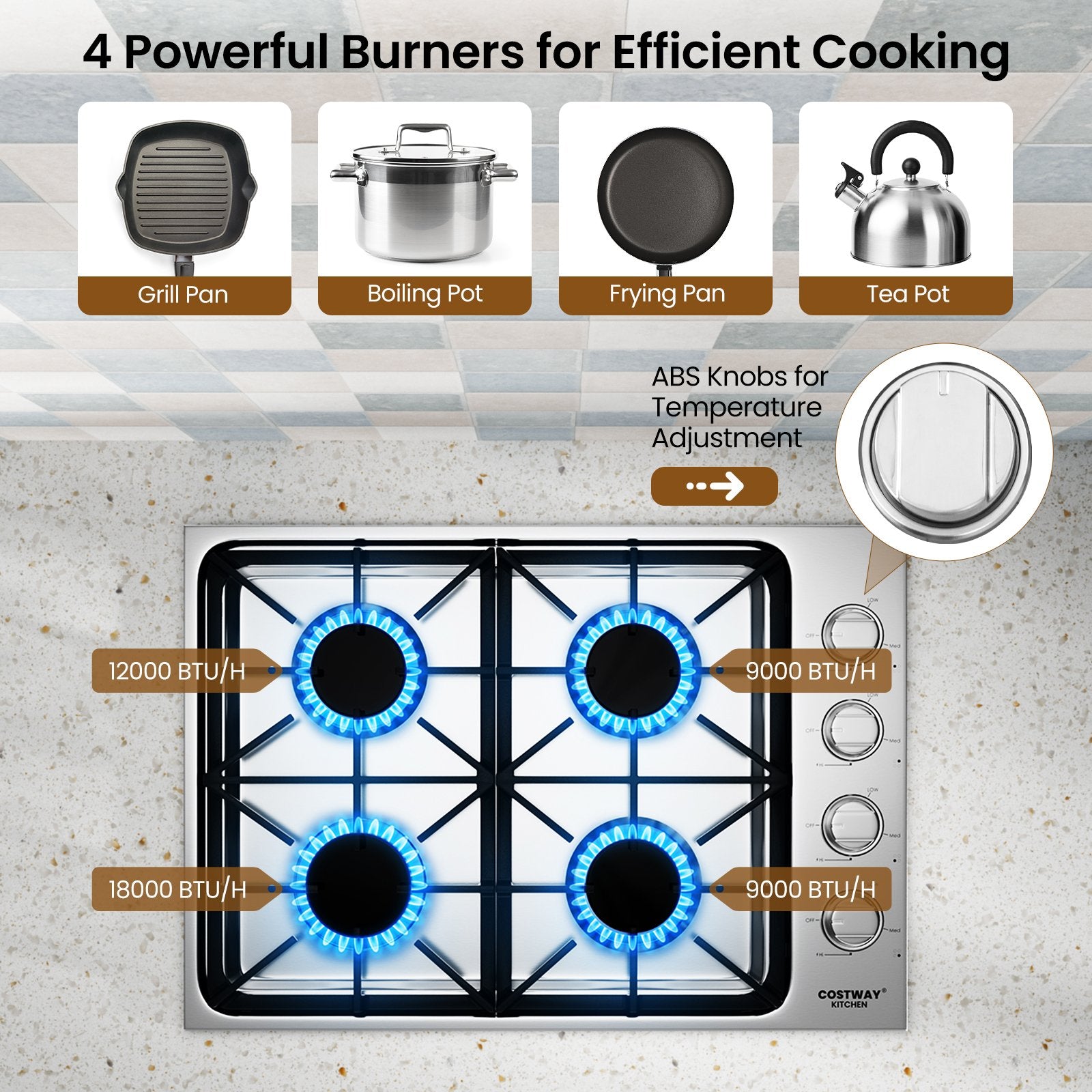 30/36 Inch Gas Cooktop with 4/6 Powerful Burners and ABS Knobs-30 inches, Silver Food Warmers & Burners   at Gallery Canada