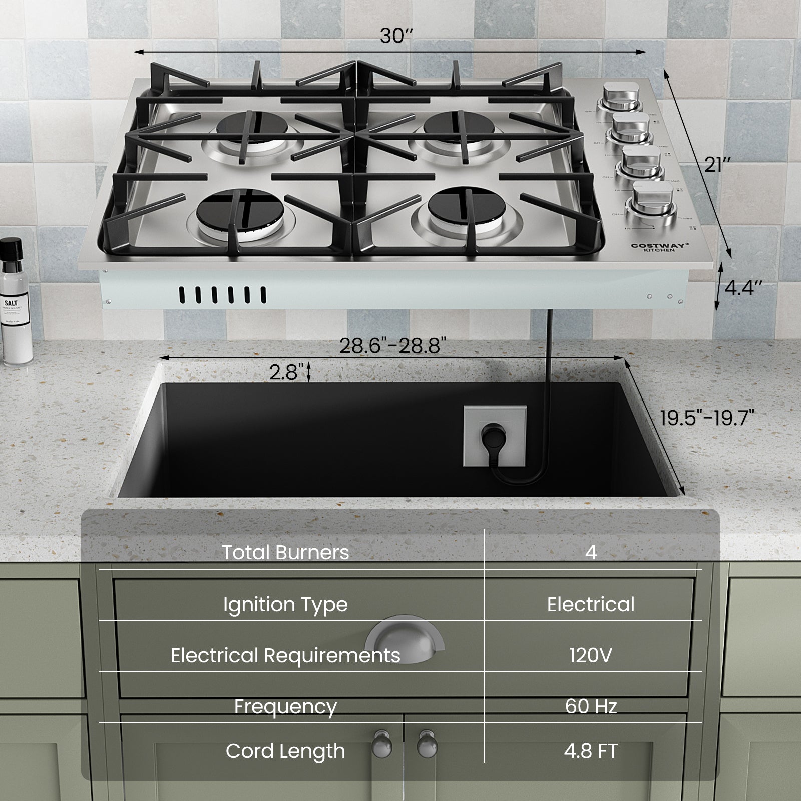 30/36 Inch Gas Cooktop with 4/6 Powerful Burners and ABS Knobs-30 inches, Silver Food Warmers & Burners at Gallery Canada