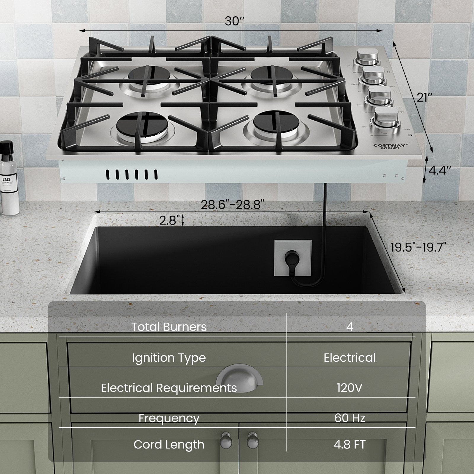 30/36 Inch Gas Cooktop with 4/6 Powerful Burners and ABS Knobs-30 inches, Silver Food Warmers & Burners   at Gallery Canada