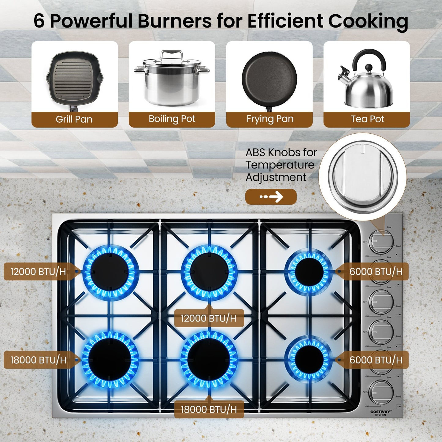 30/36 Inch Gas Cooktop with 4/6 Powerful Burners and ABS Knobs-36 inches, Silver Food Warmers & Burners   at Gallery Canada