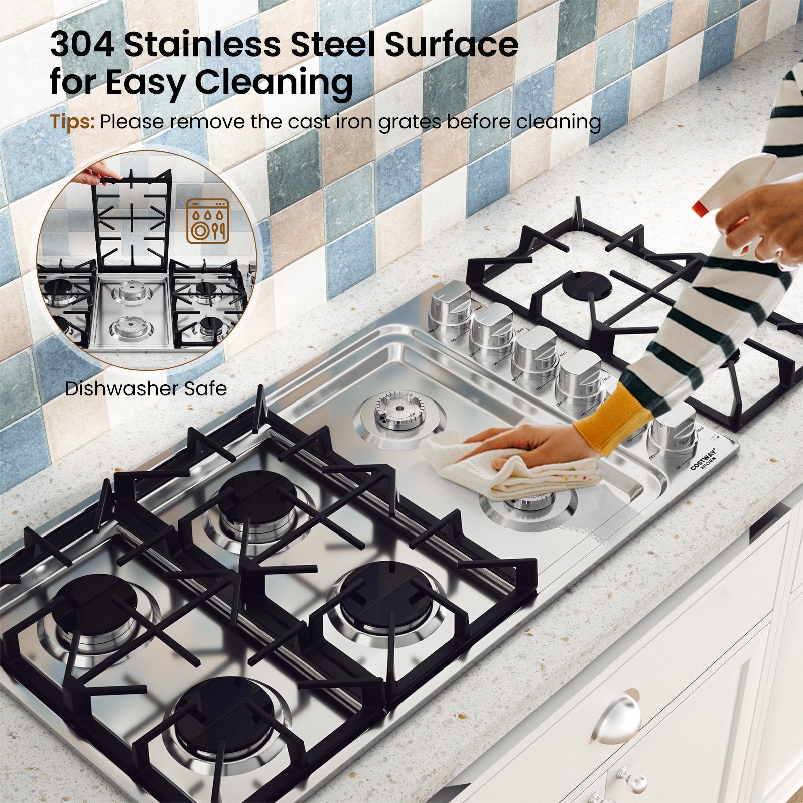 30/36 Inch Gas Cooktop with 4/6 Powerful Burners and ABS Knobs-36 inches, Silver Food Warmers & Burners   at Gallery Canada