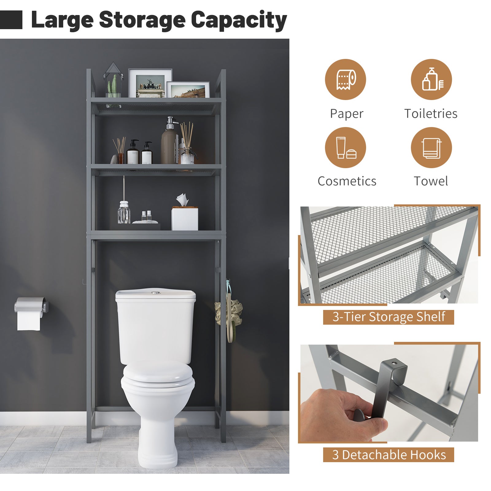 Over-The-Toilet Storage Shelf Space Saving Metal Bathroom Organizer Hooks, Gray Bathroom Etagere at Gallery Canada
