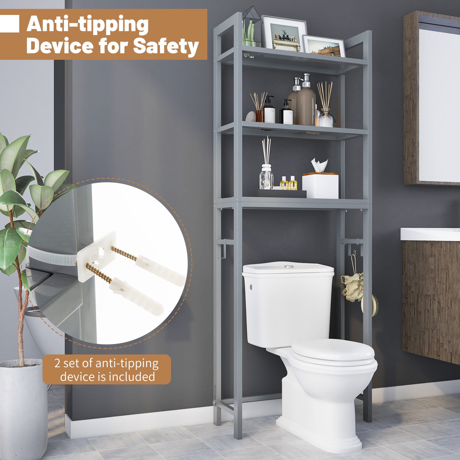 Over-The-Toilet Storage Shelf Space Saving Metal Bathroom Organizer Hooks, Gray Bathroom Etagere at Gallery Canada