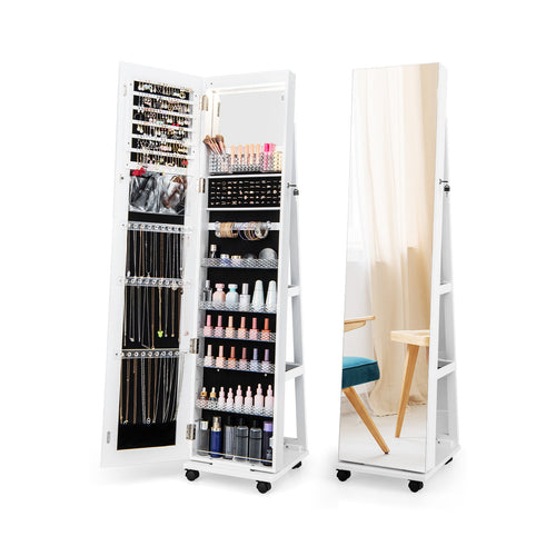 64 Inches Lockable Jewelry Cabinet Armoire with Built-in Makeup Mirror, White