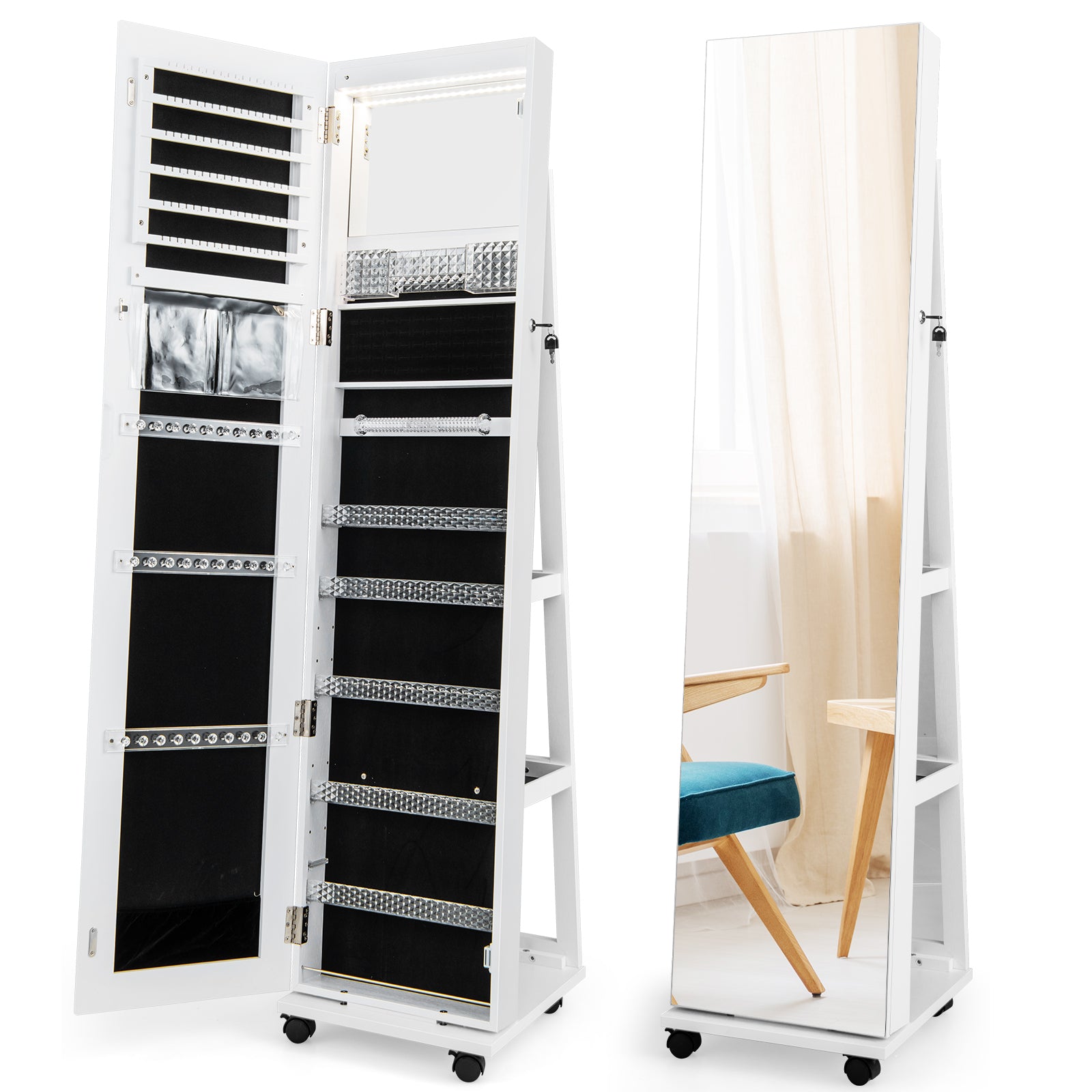 64 Inches Lockable Jewelry Cabinet Armoire with Built-in Makeup Mirror, White Jewelry Armoires at Gallery Canada