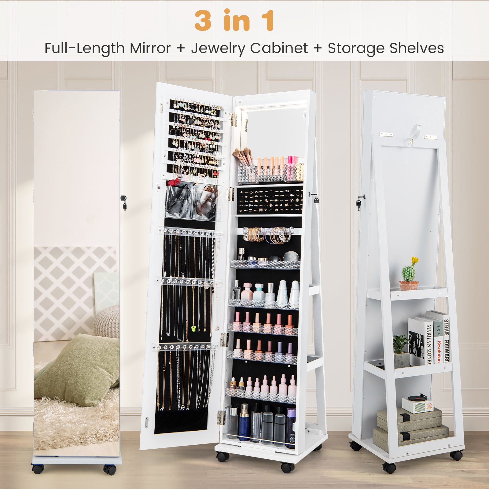 64 Inches Lockable Jewelry Cabinet Armoire with Built-in Makeup Mirror, White Jewelry Armoires at Gallery Canada