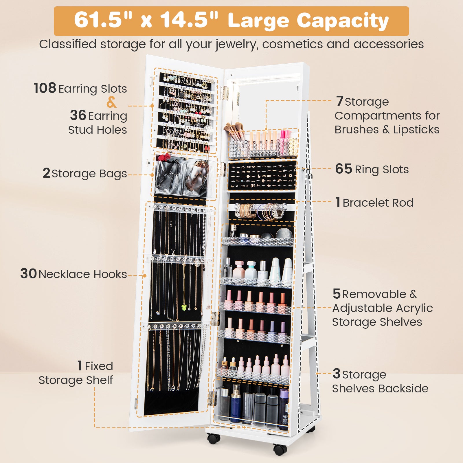 64 Inches Lockable Jewelry Cabinet Armoire with Built-in Makeup Mirror, White Jewelry Armoires at Gallery Canada