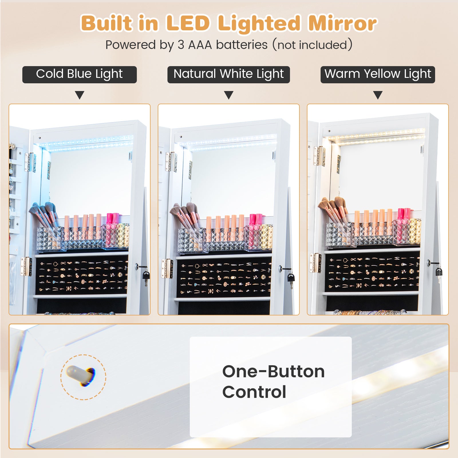64 Inches Lockable Jewelry Cabinet Armoire with Built-in Makeup Mirror, White Jewelry Armoires at Gallery Canada