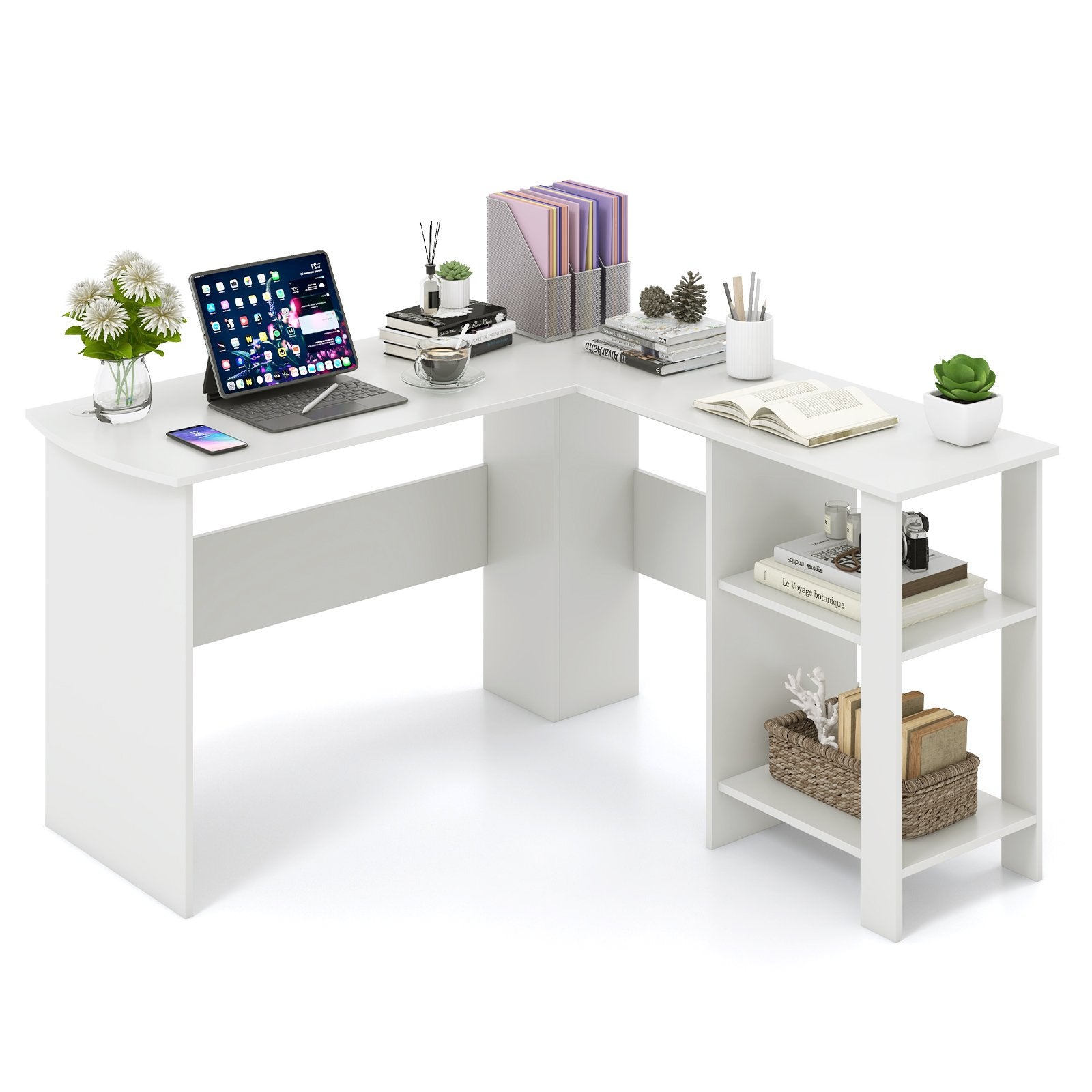 Large Modern L-shaped Computer Desk with 2 Cable Holes and 2 Storage Shelves, White L-Shaped Desks   at Gallery Canada