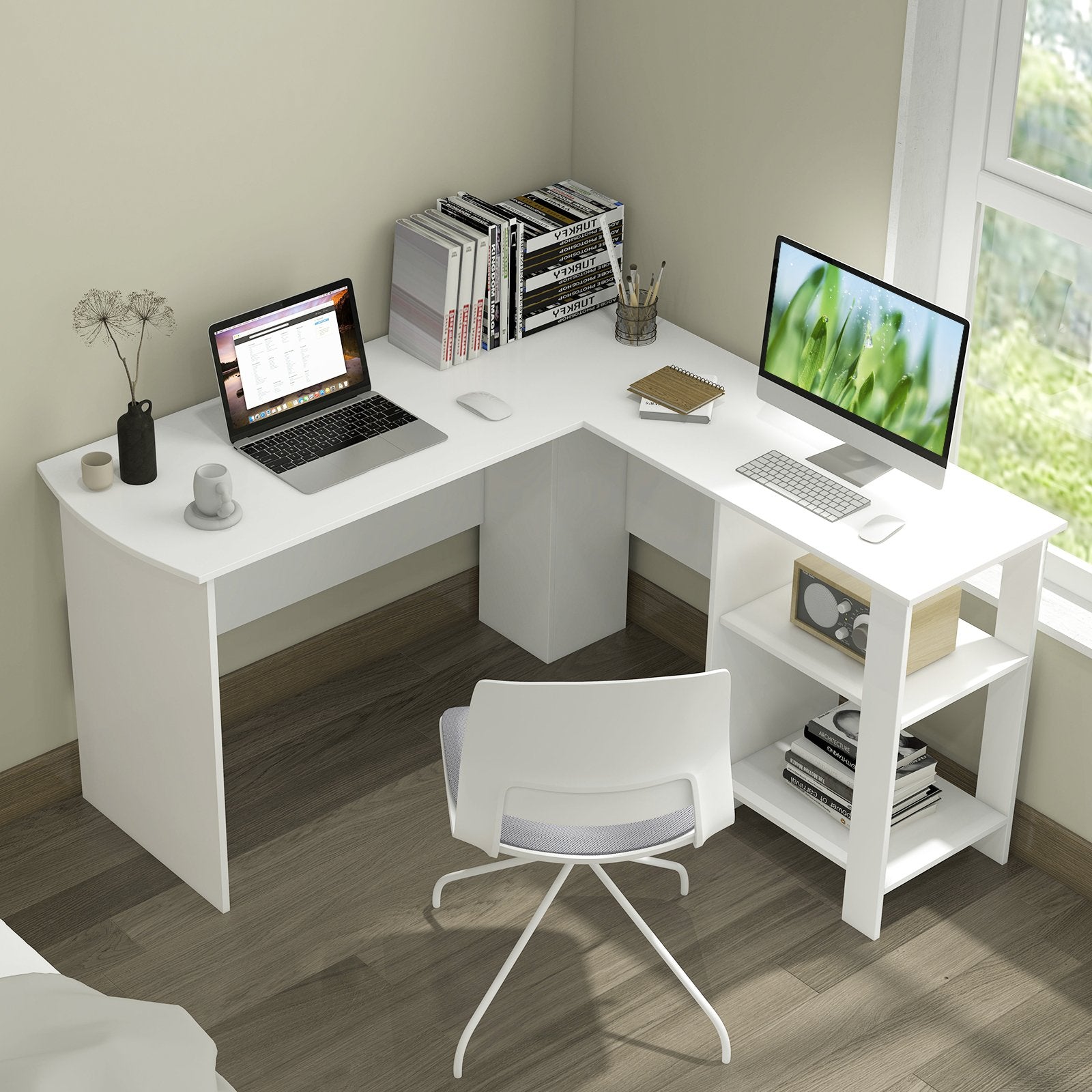 Large Modern L-shaped Computer Desk with 2 Cable Holes and 2 Storage Shelves, White - Gallery Canada