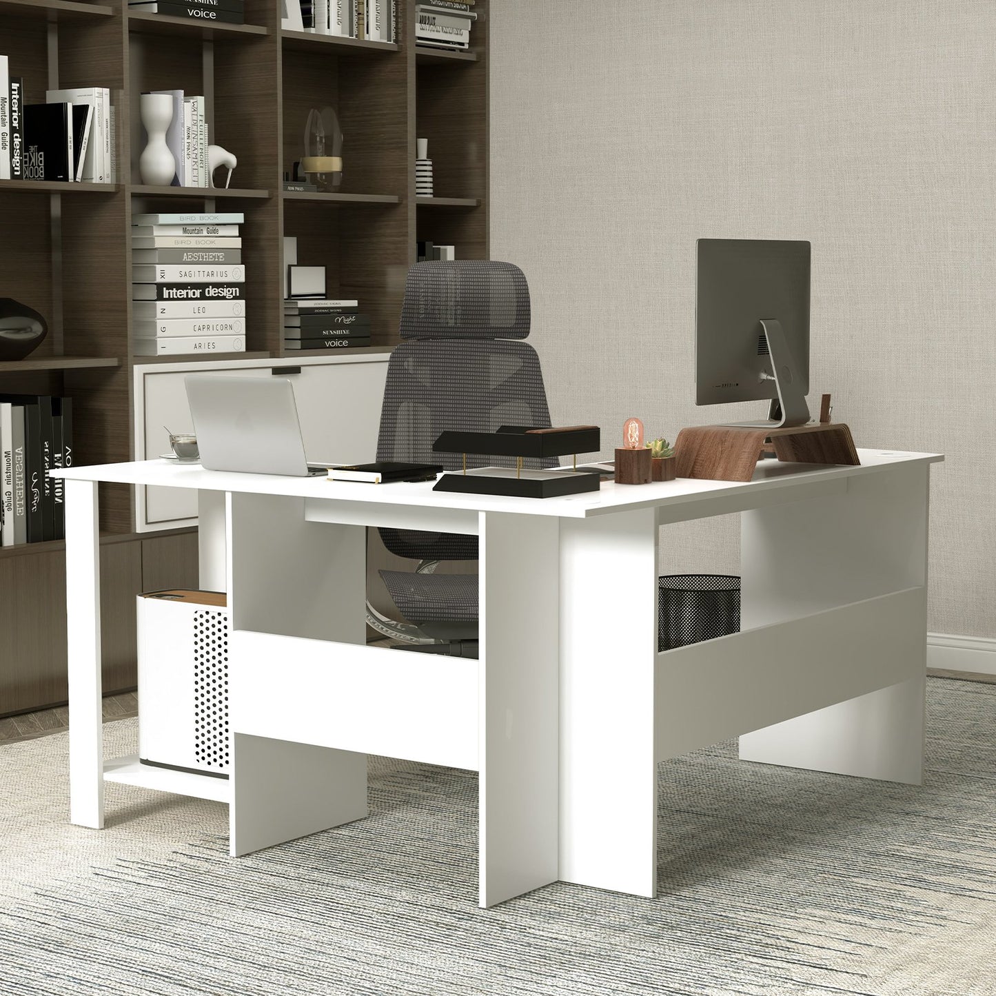 Large Modern L-shaped Computer Desk with 2 Cable Holes and 2 Storage Shelves, White L-Shaped Desks   at Gallery Canada