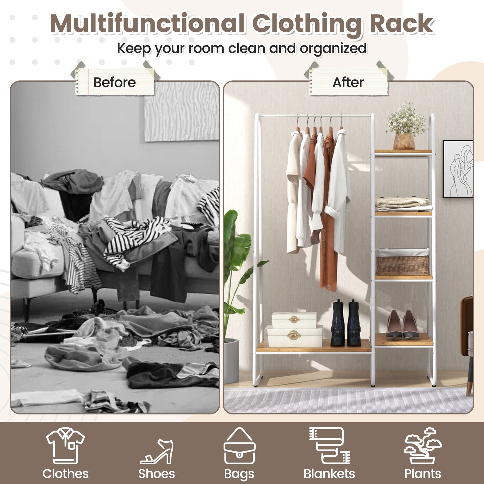 Clothes Rack Free Standing Storage Tower with Metal Frame, Natural Clothing & Closet Storage   at Gallery Canada