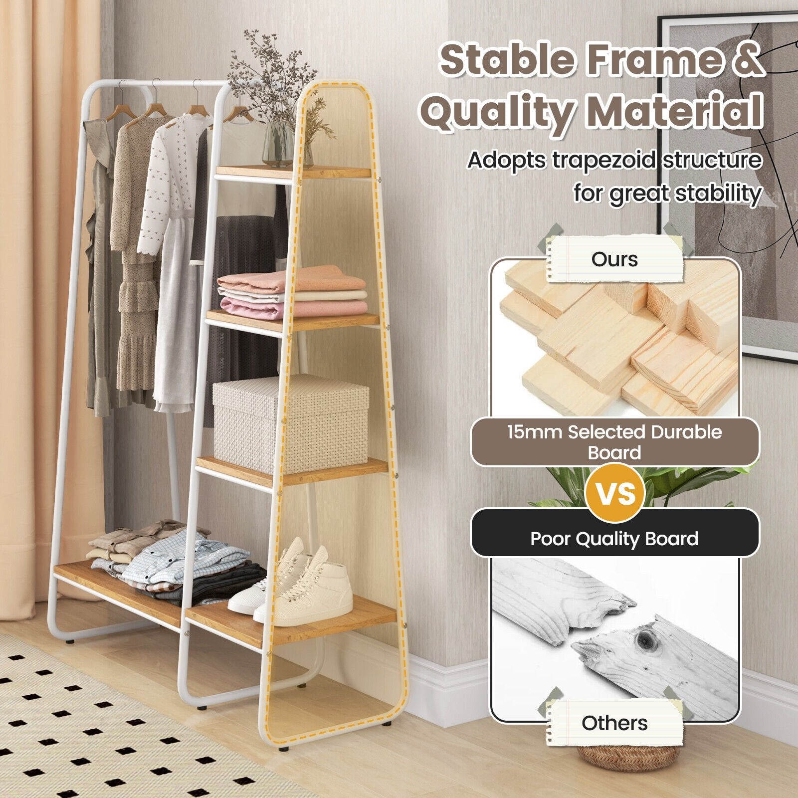 Clothes Rack Free Standing Storage Tower with Metal Frame, Natural - Gallery Canada