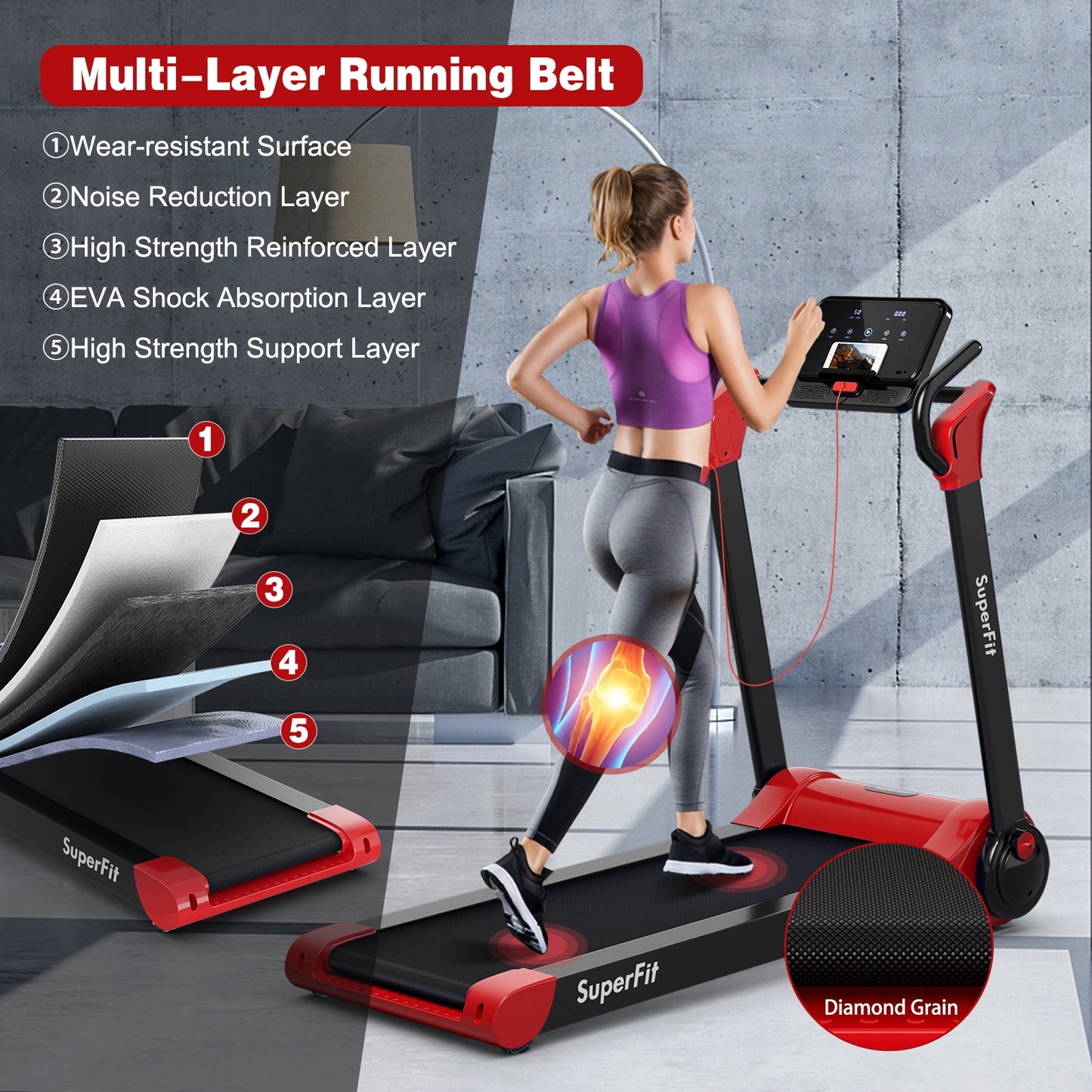 2.25 HP Electric Motorized Folding Running Treadmill Machine with LED Display, Red Treadmills   at Gallery Canada