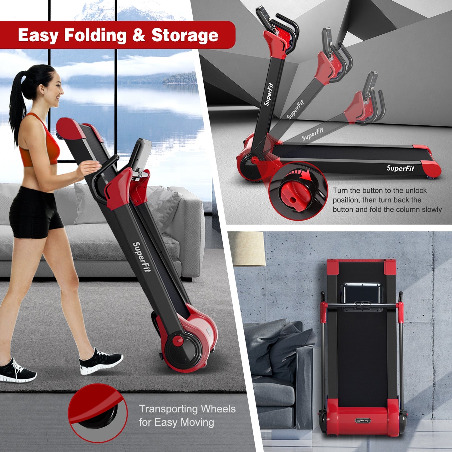 2.25 HP Electric Motorized Folding Running Treadmill Machine with LED Display, Red Treadmills   at Gallery Canada