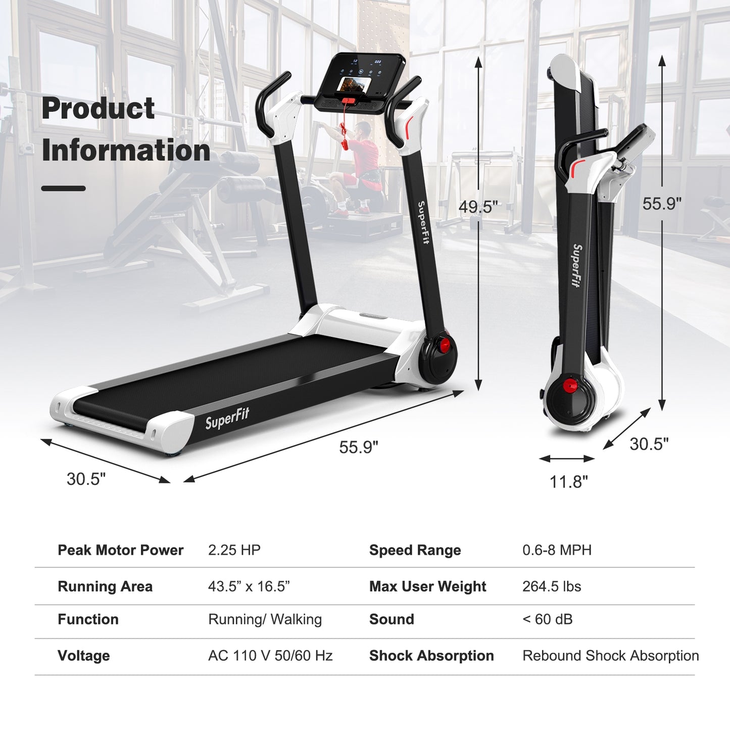 2.25 HP Electric Motorized Folding Running Treadmill Machine with LED Display, White Treadmills   at Gallery Canada