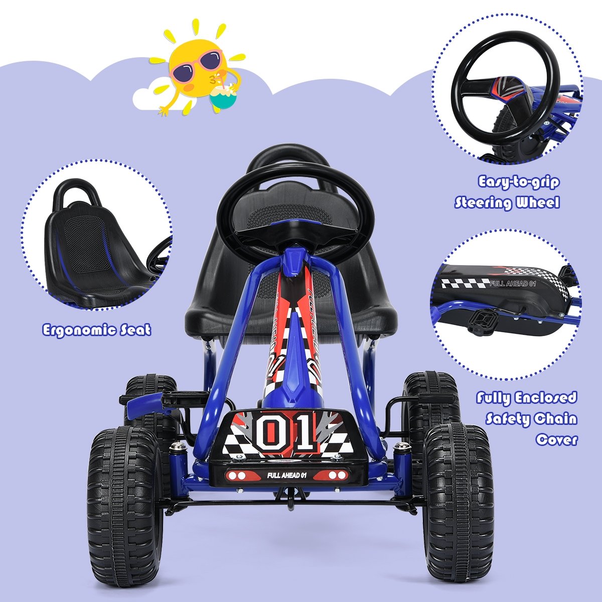 4 Wheel Pedal Powered Ride On with Adjustable Seat, Blue Powered Ride On Toys   at Gallery Canada