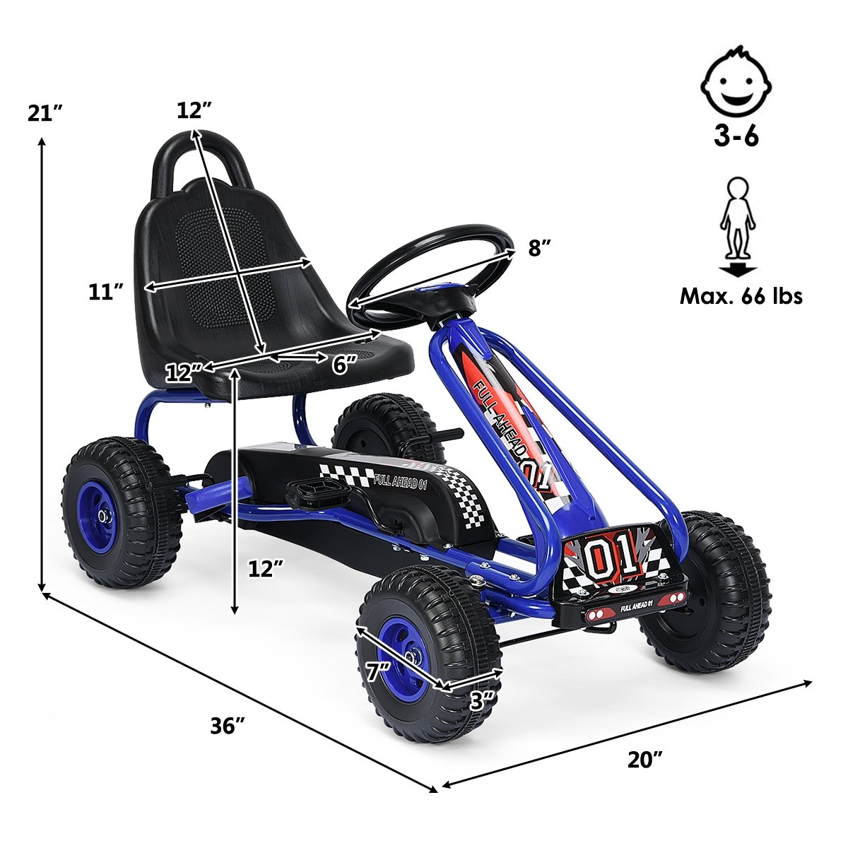 4 Wheel Pedal Powered Ride On with Adjustable Seat, Blue - Gallery Canada