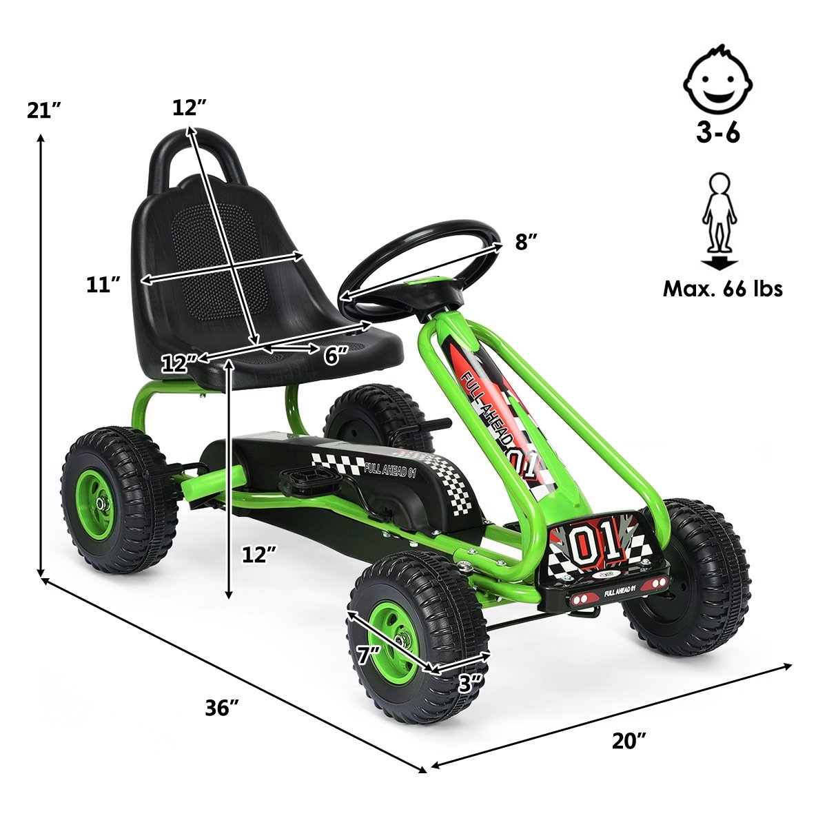 4 Wheel Pedal Powered Ride On with Adjustable Seat, Green - Gallery Canada