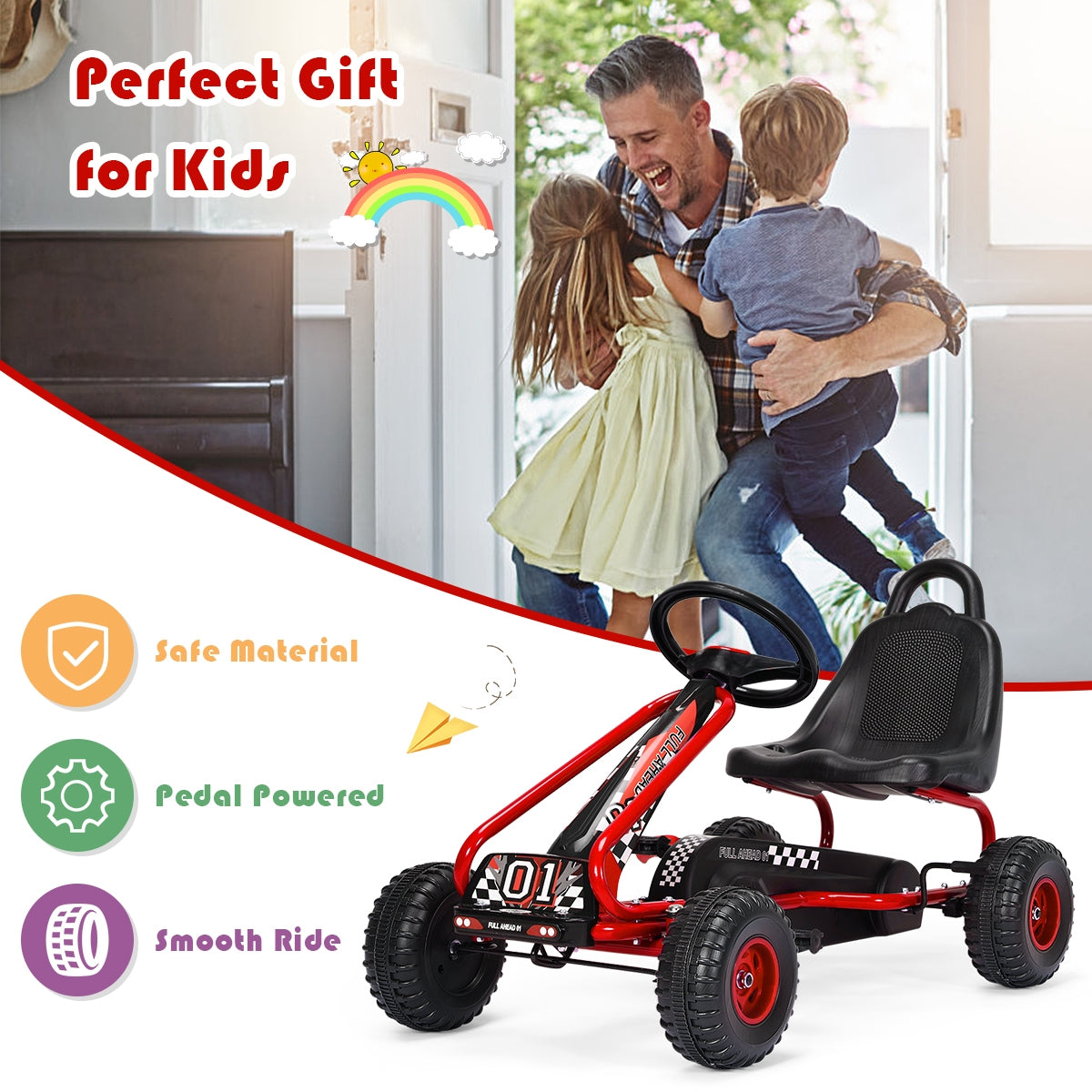 4 Wheel Pedal Powered Ride On with Adjustable Seat, Red Powered Ride On Toys at Gallery Canada