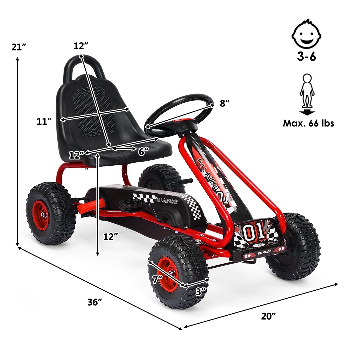 4 Wheel Pedal Powered Ride On with Adjustable Seat, Red Powered Ride On Toys   at Gallery Canada